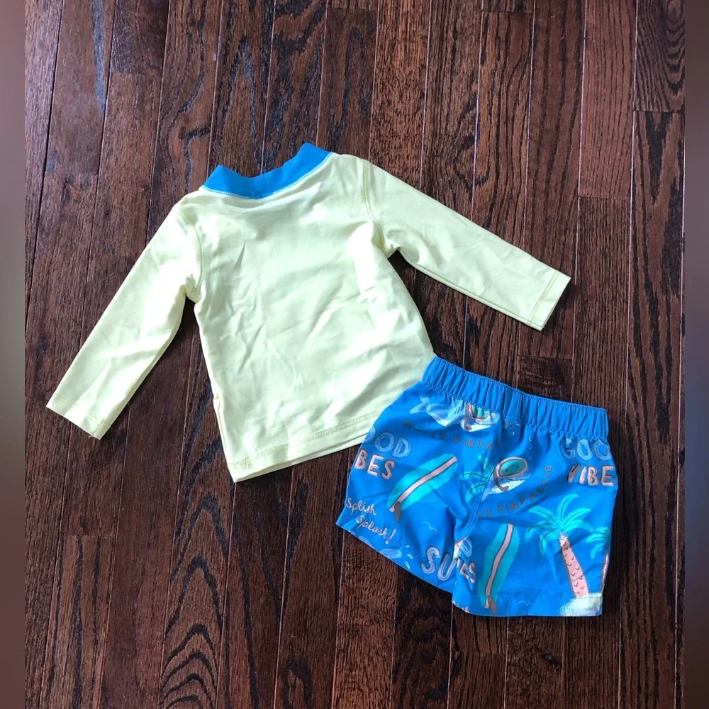 Carter’s Boy 6M Yellow/Blue Shark/Pineapple 2-Piece Swim Rash Guard/Swim Trunks